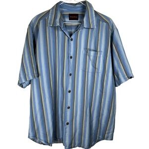 Tommy Bahama Silk Button‎ Up Shirt Blue Striped Short Sleeve Resort Men Size L